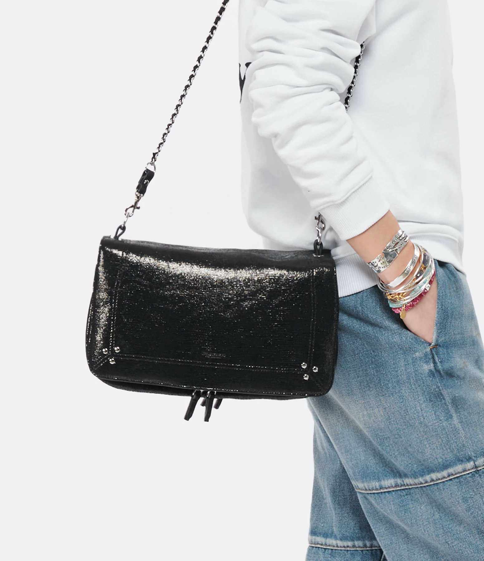 JEROME DREYFUSS Sac Bobi L Cuir Lamé Noir 6 JEROME DREYFUSS Sac Bobi L Cuir Lamé Noir – Image 4