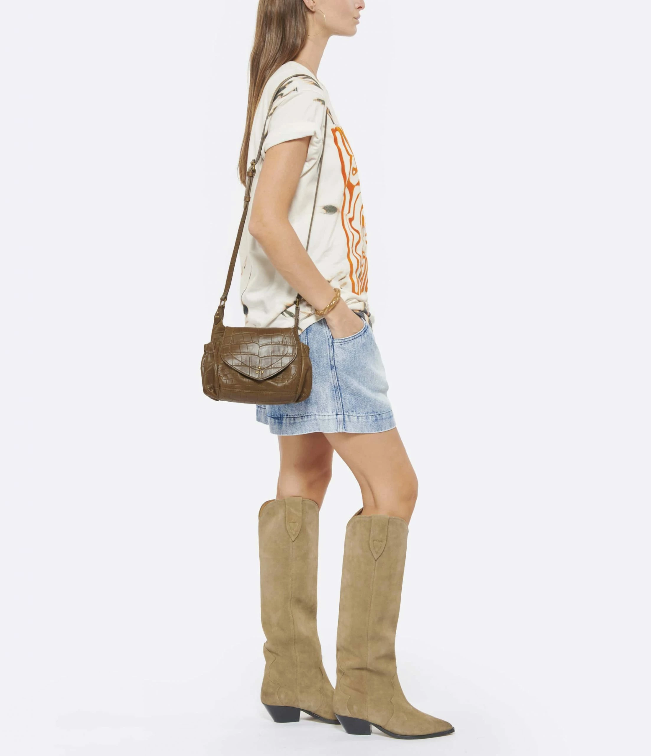 JEROME DREYFUSS Sac Helmut S Cuir Croco Kaki 8 JEROME DREYFUSS Sac Helmut S Cuir Croco Kaki – Image 6