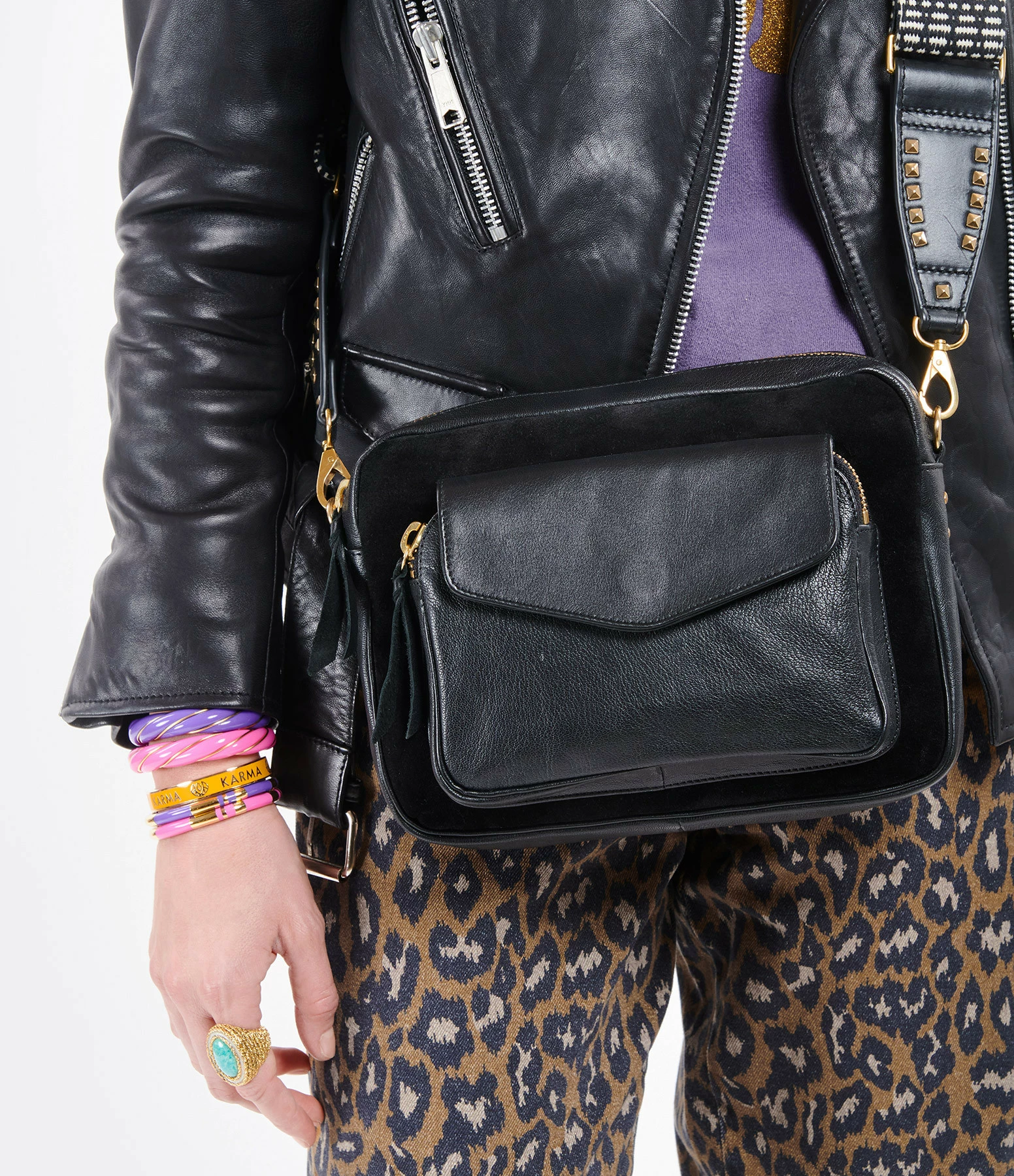 CLARIS VIROT Sac Big Charly Cuir Grainé Suédé Noir Doré 7 CLARIS VIROT Sac Big Charly Cuir Grainé Suédé Noir Doré – Image 5