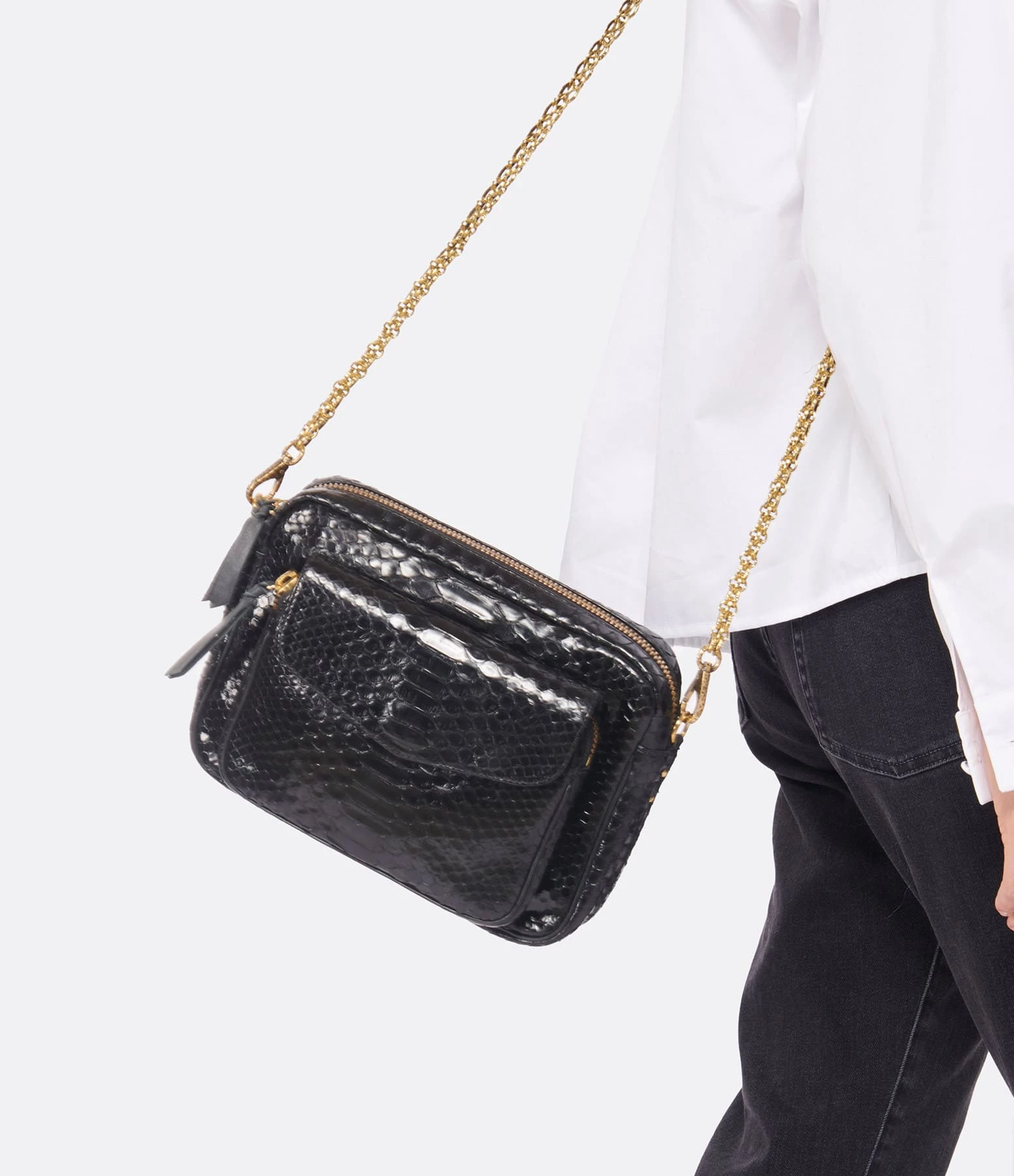 CLARIS VIROT Sac Big Charly Python Chaîne Dorée Noir 6 CLARIS VIROT Sac Big Charly Python Chaîne Dorée Noir – Image 4