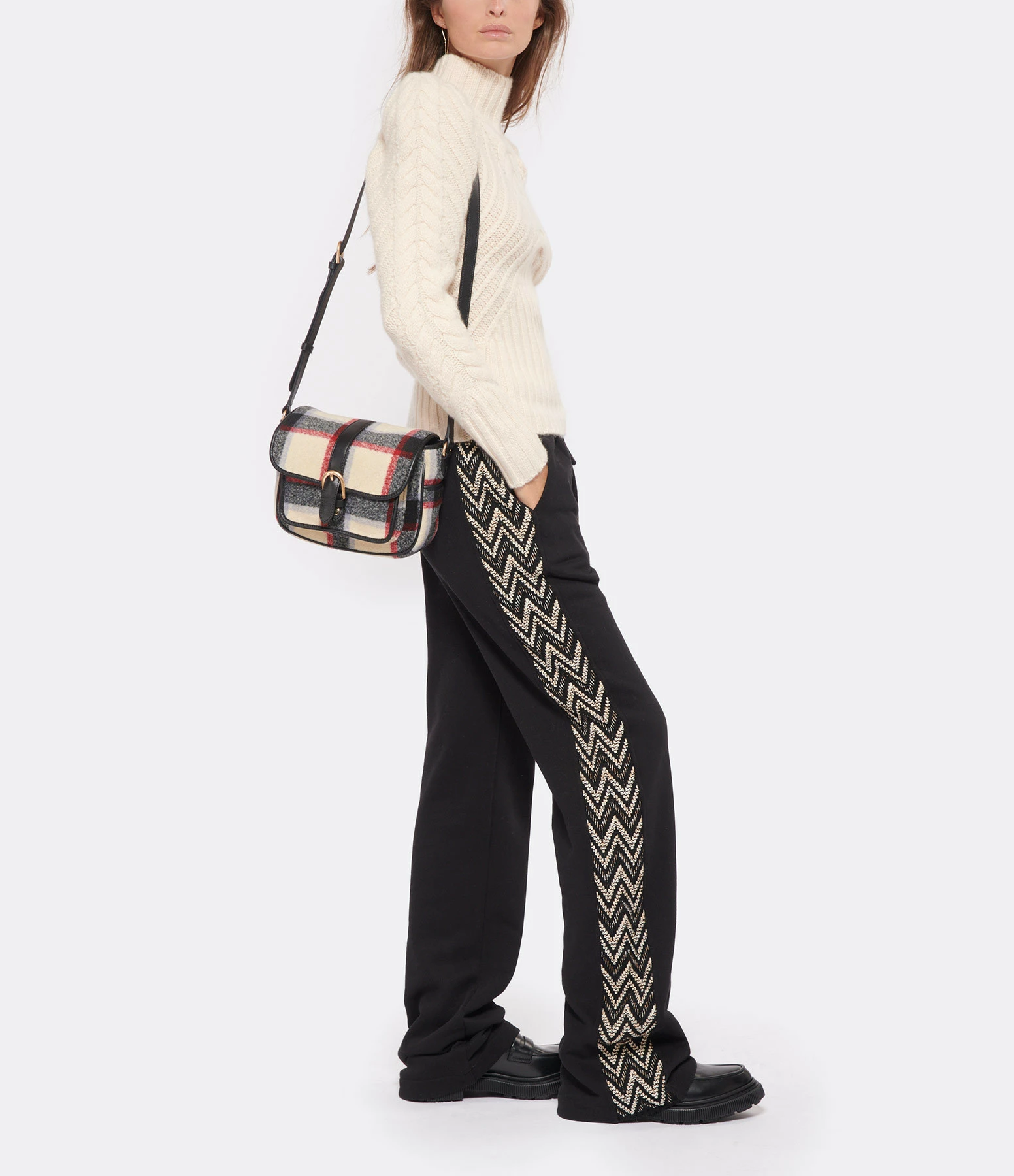 VANESSA BRUNO Sac Besace PM Carreaux Écru Noir 8 VANESSA BRUNO Sac Besace PM Carreaux Écru Noir – Image 6